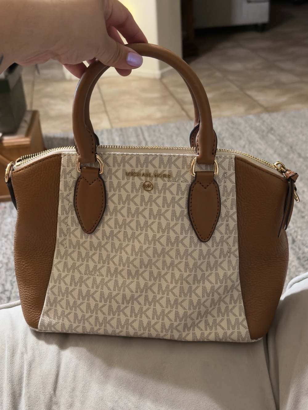Michael Kors Beige Signature Logo and Tan Leather Satchel